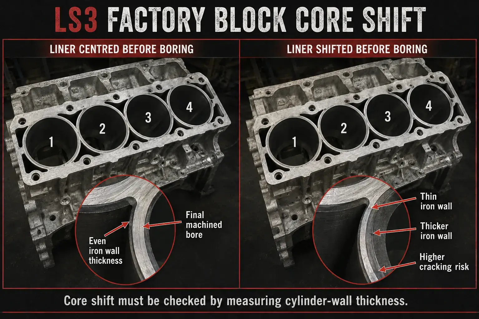 LS engine core shift producing uneven cylinder wall thickness
